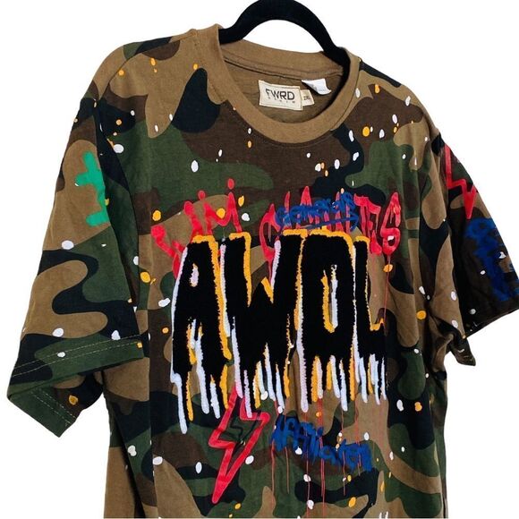 FWRD DENIM Camo Print Splatter Paint Patch AWOL T-Shirt Sz 2XL Runs Small NWOT - Picture 10 of 11